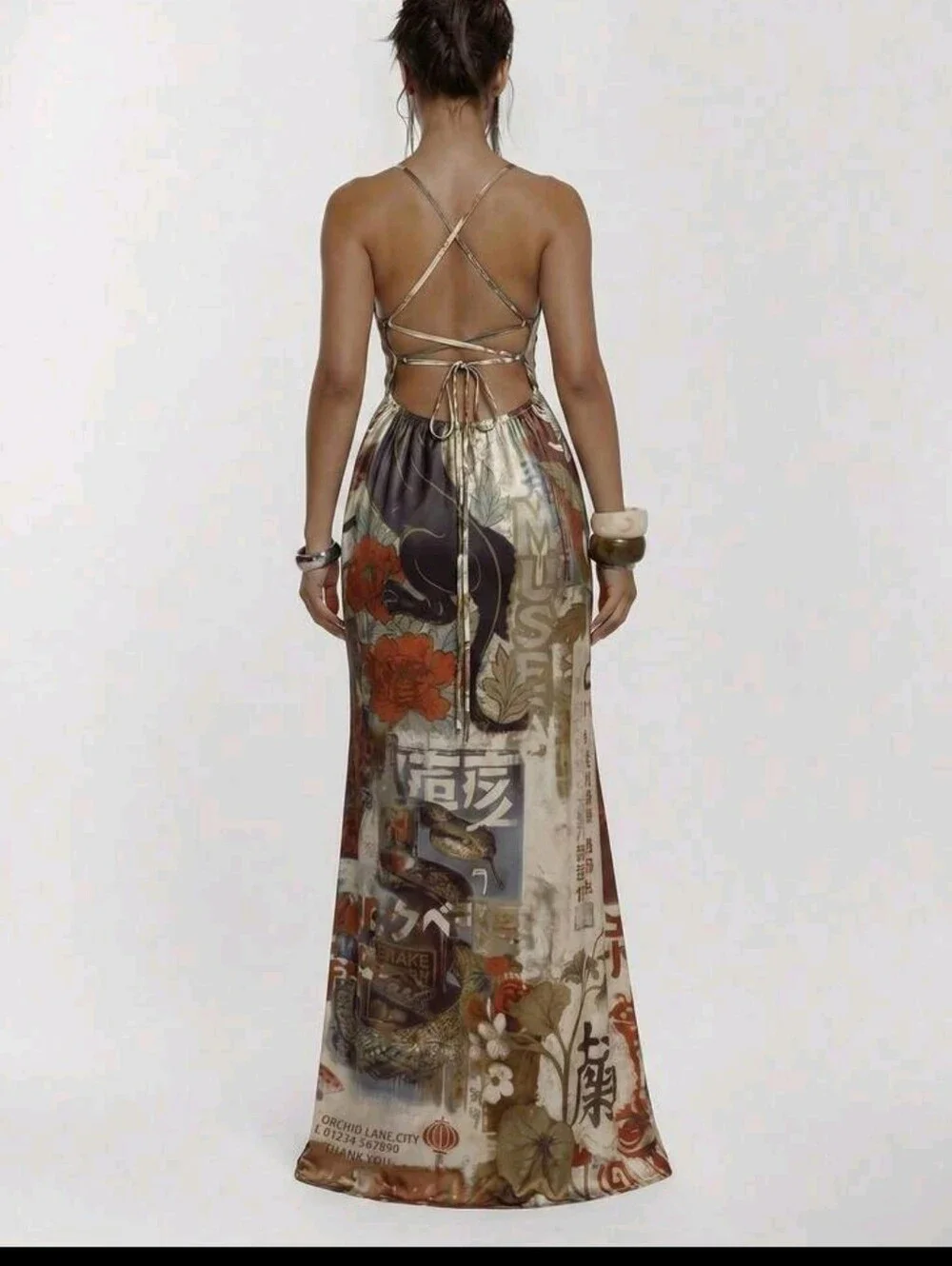 Sleeveless V-Neck Floral & Panther Print Maxi Dress — Beige Multi - Picture 4 of 5